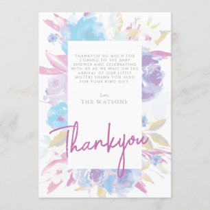 Carte De Remerciements Aquarelle florale de Baby shower pourpre