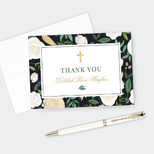 Carte De Remerciements Aquarelle florale d'or noir Première communion