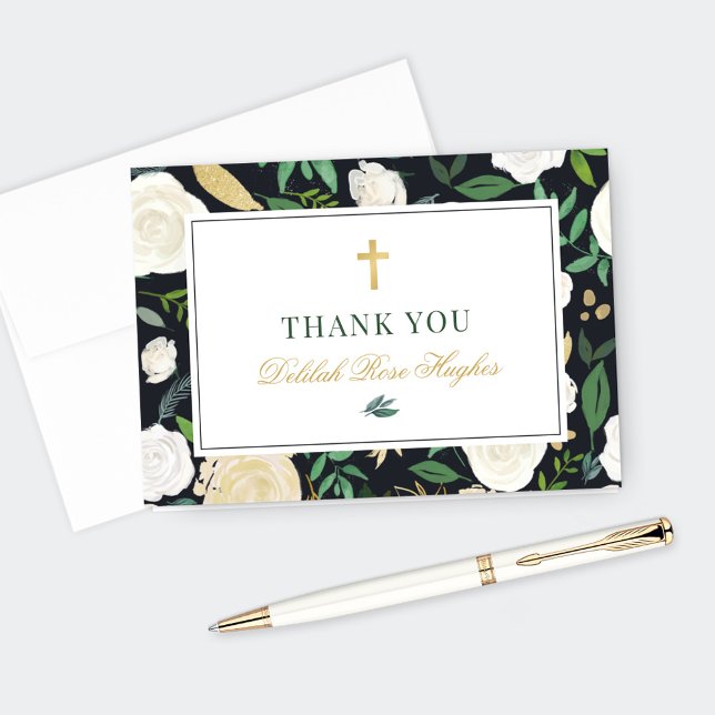 Carte De Remerciements Aquarelle florale d'or noir Première communion (Créateur téléchargé)