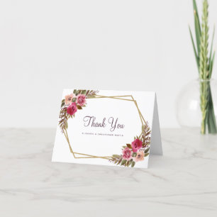 Carte De Remerciements Aquarelle Florale Elégant Mariage Gold Frame Chic