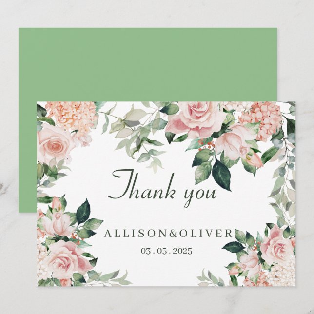Carte De Remerciements Aquarelle florale rose (Devant / Derrière)