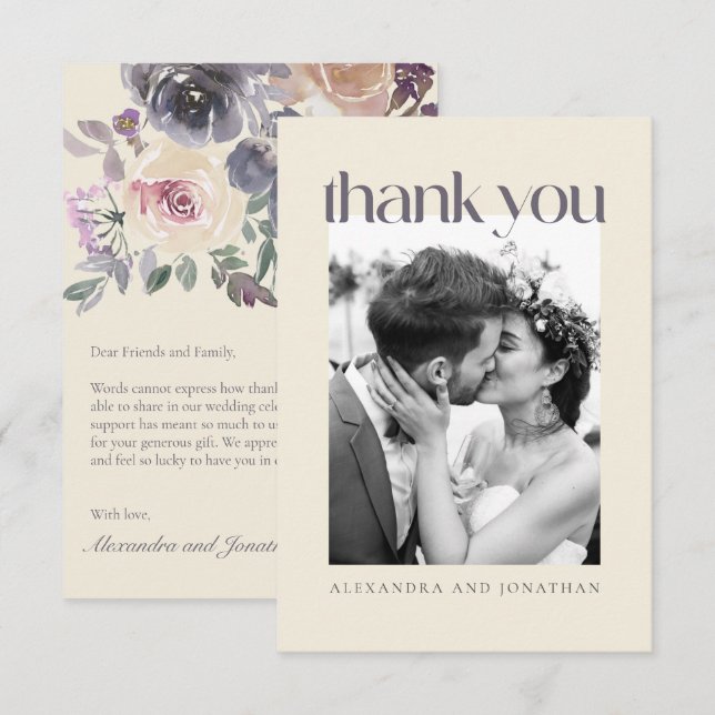 Carte De Remerciements Aquarelle florale violet moderne photo Mariage (Devant / Derrière)