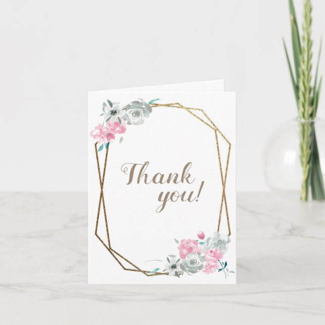Carte De Remerciements Aquarelle Flower Gold Frame photo mariage (Devant)