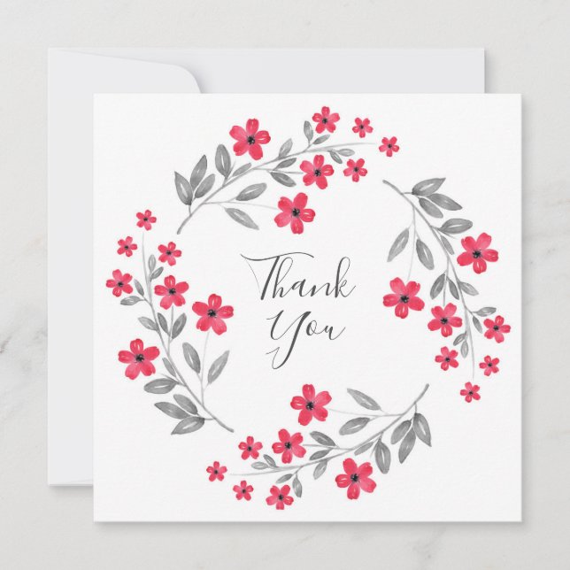 Carte De Remerciements Aquarelle gris rouge Fleur Wreath (Devant)