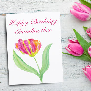 Carte De Remerciements Aquarelle Hot rose Tulip Anniversaire Grand-mère