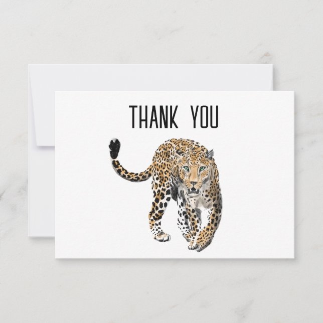 Carte De Remerciements aquarelle léopard jungle chat peint vert animal (Devant)