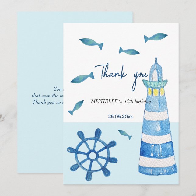 Carte De Remerciements Aquarelle Lighthouse Beach Peinte à la main (Devant / Derrière)