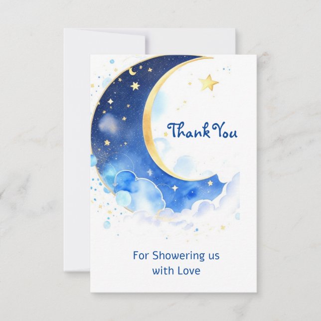 Carte De Remerciements Aquarelle Lune céleste et Baby shower des étoiles (Devant)