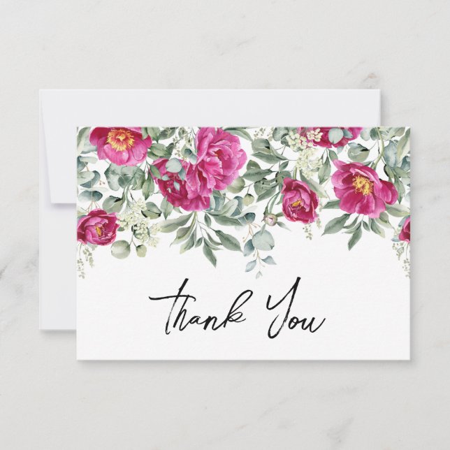 Carte De Remerciements Aquarelle Magenta Peonies Mariage de verdure (Devant)