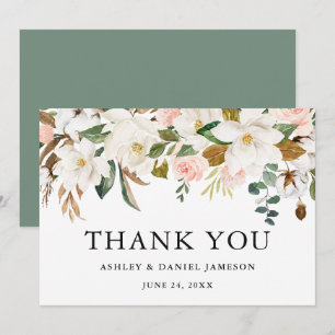 Carte De Remerciements Aquarelle Magnolias Roses Sage Mariage vert