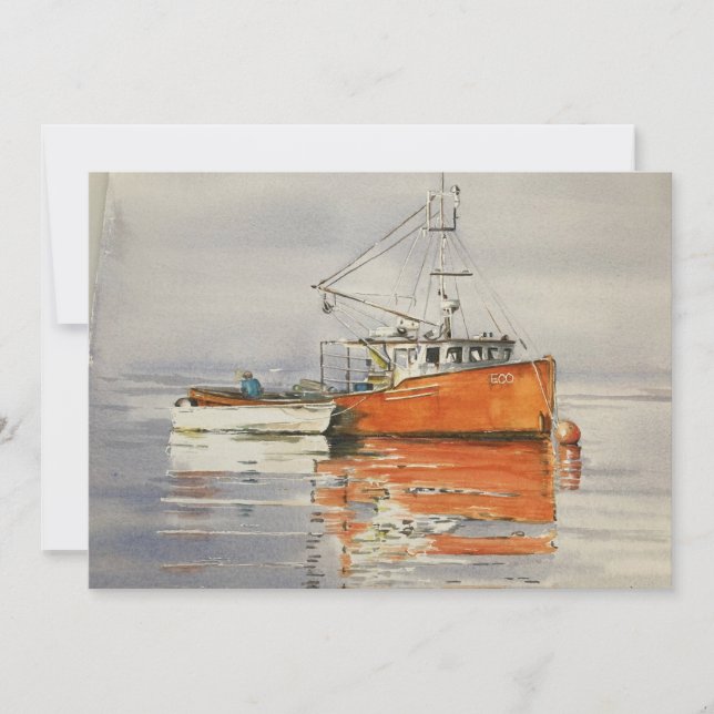 Carte De Remerciements Aquarelle Maine Bateau de pêche Océan Orange Grey (Devant)
