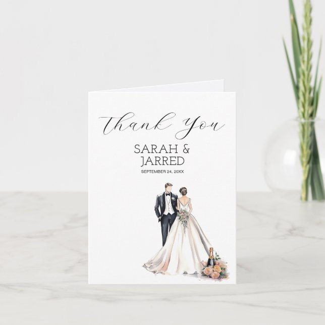 Carte De Remerciements Aquarelle Mariage des nouveaux mariés (Devant)
