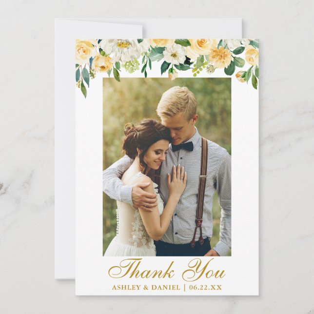 Carte De Remerciements Aquarelle mariage Jaune Floral Photo Or (Devant)
