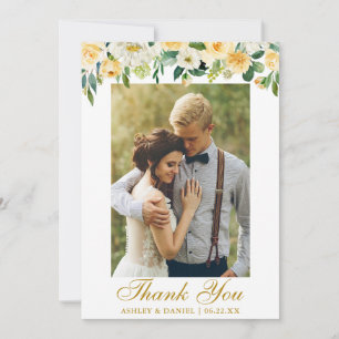 Carte De Remerciements Aquarelle mariage Jaune Floral Photo Or