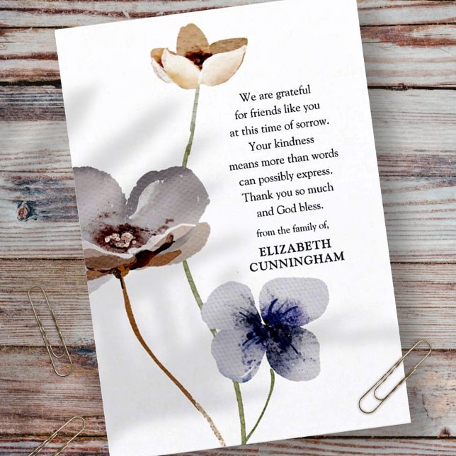 Carte De Remerciements Aquarelle Memorial Floral Botanical Élégant Chic (Créateur téléchargé)