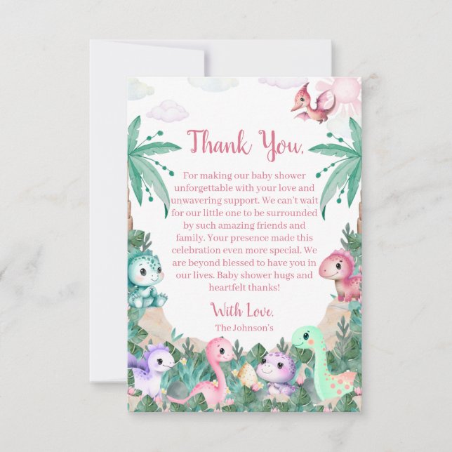 Carte De Remerciements Aquarelle mignonne Dinosaur Baby shower fille (Devant)
