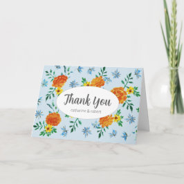 Carte De Remerciements Aquarelle mignonne Orange Marigold Fleurs Bleu cla