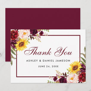 Carte De Remerciements Aquarelle Mixte Floral Bourgogne Mariage