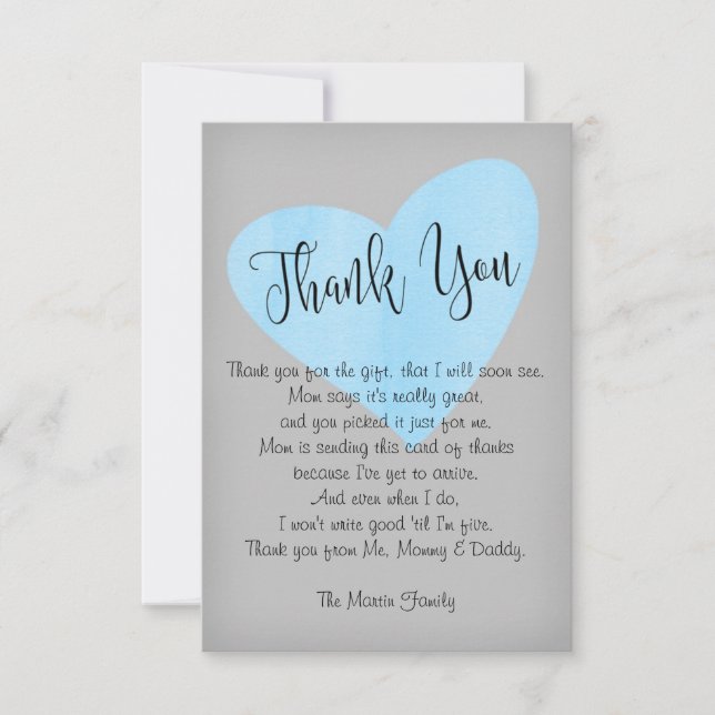Carte De Remerciements Aquarelle moderne Blue Heart Baby shower garçon (Devant)