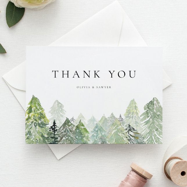Carte De Remerciements Aquarelle neige Forêt À feuillage persistant Maria (Wedding thank you card featuring a snowy watercolor pine forest, perfect for rustic winter events.)
