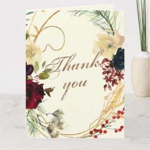 Carte De Remerciements Aquarelle or Bourgogne Mariage de couronnes floral