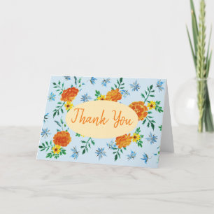 Carte De Remerciements Aquarelle orange Marigold Fleurs bleu clair