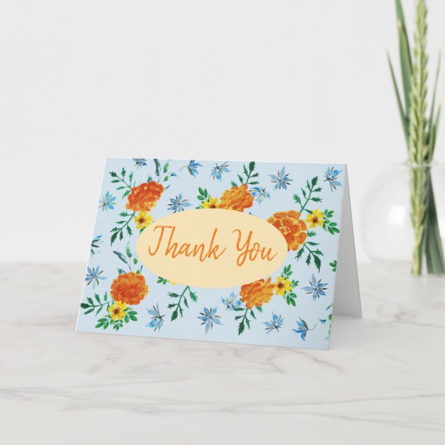 Carte De Remerciements Aquarelle orange Marigold Fleurs bleu clair (Devant)