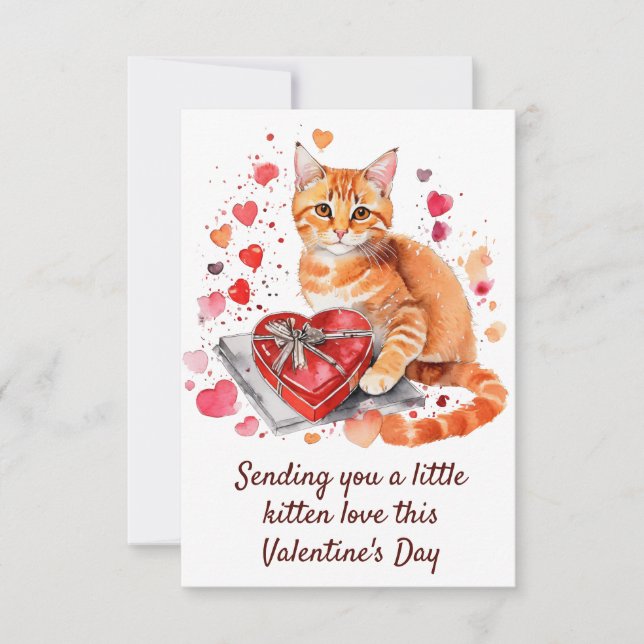 Carte De Remerciements Aquarelle Orange Tabby Chat avec Boîte Cadeau Coeu (Devant)