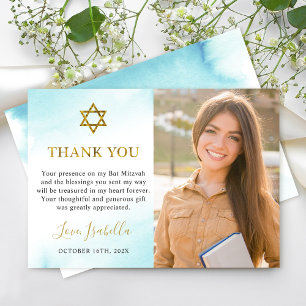Carte De Remerciements Aquarelle Pastel Blue Gold Bat mitzvah Photo