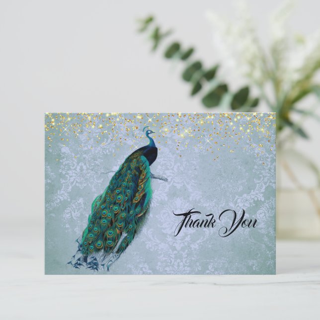 Carte De Remerciements Aquarelle Peacock Gold Sparkles (Debout devant)