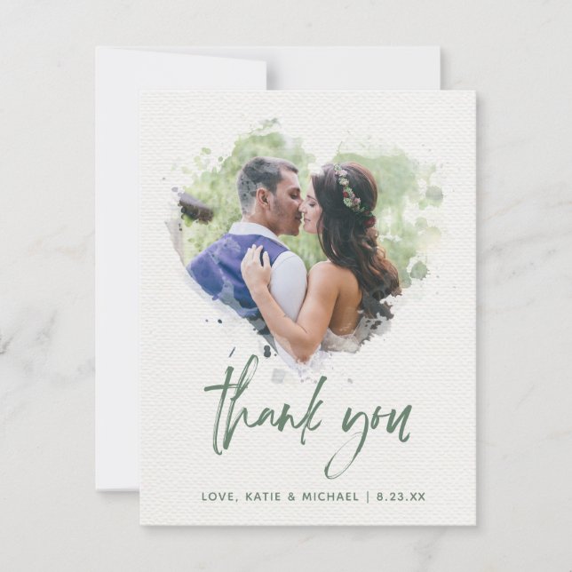 Carte De Remerciements Aquarelle peinte Coeur Mariage Script photo (Devant)