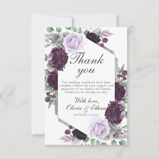 Carte De Remerciements Aquarelle Peony Gris pourpre Mariage de automne ar (Devant)