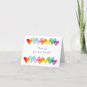 Carte De Remerciements Aquarelle personnalisée Coeurs arc-en-ciel mignon