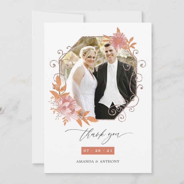 Carte De Remerciements Aquarelle photo Mariage en terre cuite géométrique (Devant)