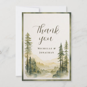 Carte De Remerciements Aquarelle Pine Tree Forêt et Mariage de montagne
