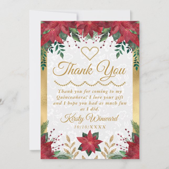Carte De Remerciements Aquarelle Poinsettia Quinceañera hiver (Devant)