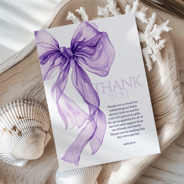 Carte De Remerciements Aquarelle pourpre Bow bébé dans le Baby shower en  (Créateur téléchargé)