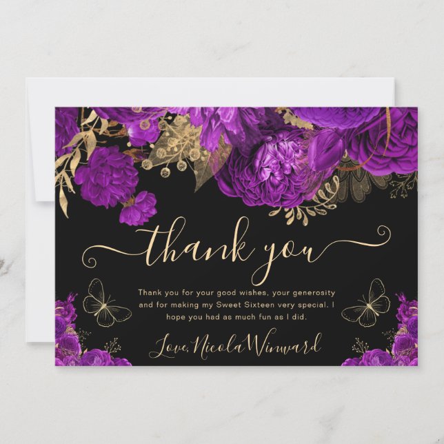 Carte De Remerciements Aquarelle Purple et Or Fleurs Douces 16 (Devant)