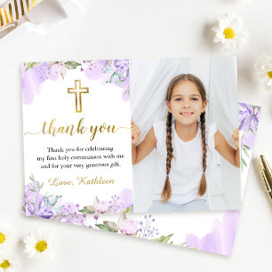 Carte De Remerciements Aquarelle Purple Floral First Communal Photo