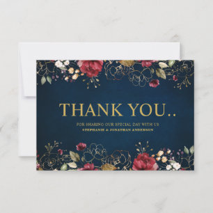 Carte De Remerciements Aquarelle romantique Bourgogne Red Navy Gold Flora
