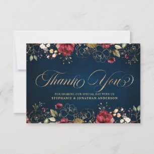 Carte De Remerciements Aquarelle romantique Bourgogne Red Navy Gold Flora