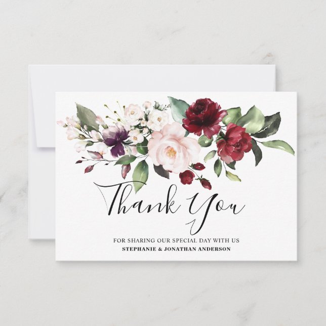 Carte De Remerciements Aquarelle romantique Bourgogne Rouge Blush Rose Fl (Devant)