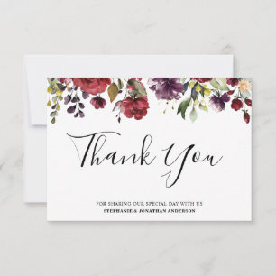 Carte De Remerciements Aquarelle romantique Bourgogne Rouge Blush Rose Fl