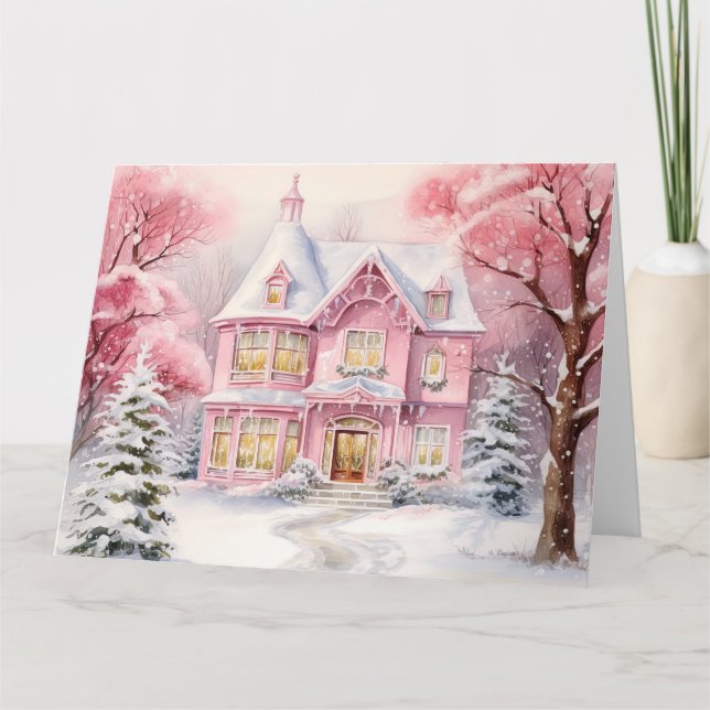 Carte De Remerciements Aquarelle rose Arrière - plan de Noël (Devant)