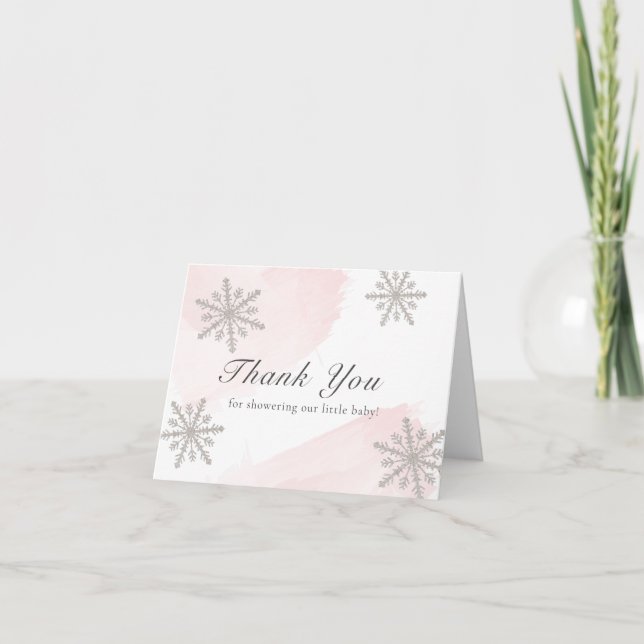 Carte De Remerciements Aquarelle rose Baby shower de flocons d'argent (Devant)