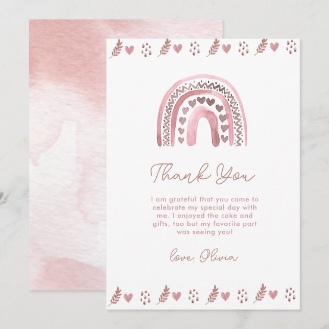 Carte De Remerciements Aquarelle rose Boho arc-en-ciel (Devant / Derrière)