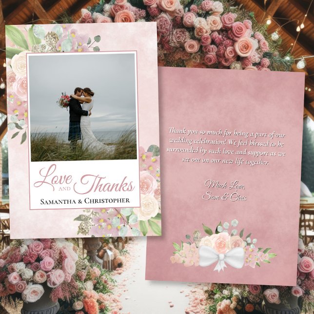 Carte De Remerciements Aquarelle rose Boho Floral Photo & Note Mariage (Front/Back)