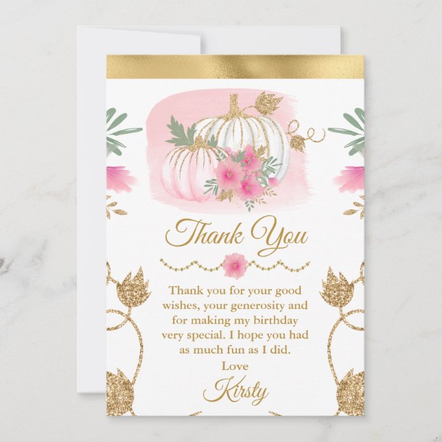 Carte De Remerciements Aquarelle rose Citrouille or Parties scintillant A (Devant)