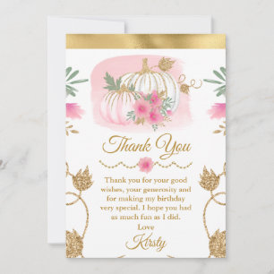 Carte De Remerciements Aquarelle rose Citrouille or Parties scintillant d