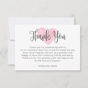 Carte De Remerciements Aquarelle rose coeur rousse. Mariage de script mod